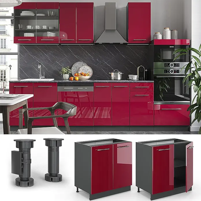Vicco Schrankküche Fame-Line Bordeaux Hochglanz mit Regal, ohne Arbeitsplatte - Bordeaux Hochglanz, Unterschrank 80 cm - Moderne Küche mit hochglänzenden roten Unter- und Oberschränken, integrierten Geräten und dunkler Marmor-Rückwand.