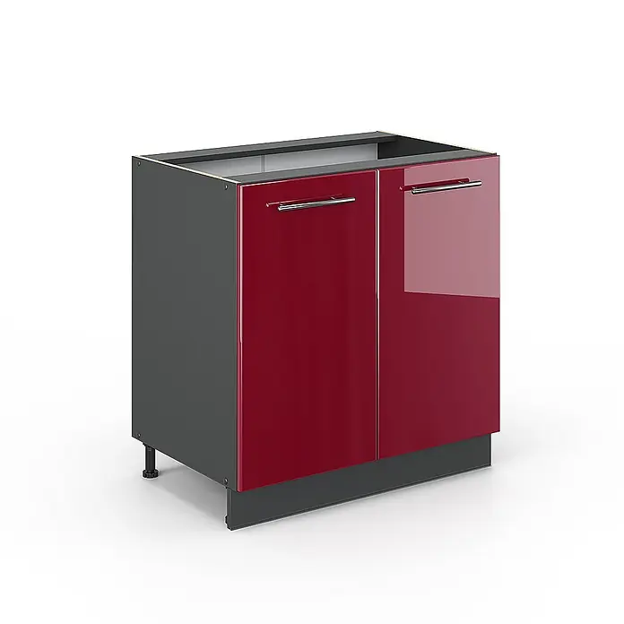 Vicco Schrankküche Fame-Line Bordeaux Hochglanz mit Regal, ohne Arbeitsplatte - Bordeaux Hochglanz, Unterschrank 80 cm - Roter Hochglanz-Unterschrank mit zwei Türen, dunkelgrauem Korpus und silbernen Griffen.