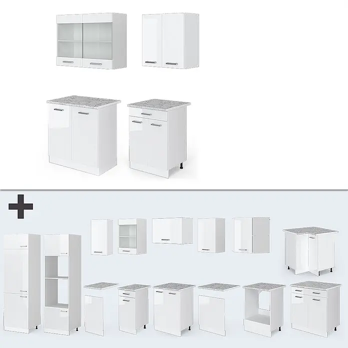 Vicco Singleküche R-Line Weiß Hochglanz/Weiß, AP Eiche - Breite: 140 cm, Weiß Hochglanz, Mit AP Eiche - Modulares weißes Küchenschrank-Set mit verschiedenen Unter- und Oberschränken, teils mit Marmor-Arbeitsplatten und Glastüren.