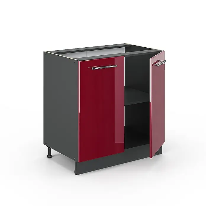 Vicco Schrankküche Fame-Line Bordeaux Hochglanz mit Regal, ohne Arbeitsplatte - Bordeaux Hochglanz, Unterschrank 80 cm - Dunkelgrauer Küchenunterschrank mit glänzenden roten Türen, eine offenbart ein dunkles Regal. Mit silbernen Griffen.