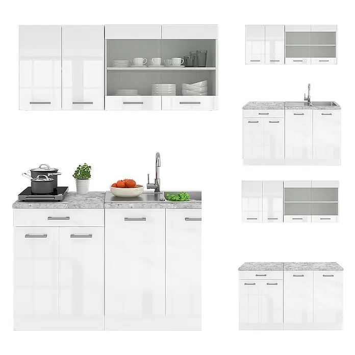 Vicco Singleküche R-Line Weiß Hochglanz/Weiß, AP Eiche - Breite: 140 cm, Weiß Hochglanz, Mit AP Eiche - Weißes Hochglanz-Küchenschrank-Set mit Hängeschränken, teils mit Glastüren, und Unterschränken mit Spüle, Kochfeld und marmorierten Arbeitsplatten.