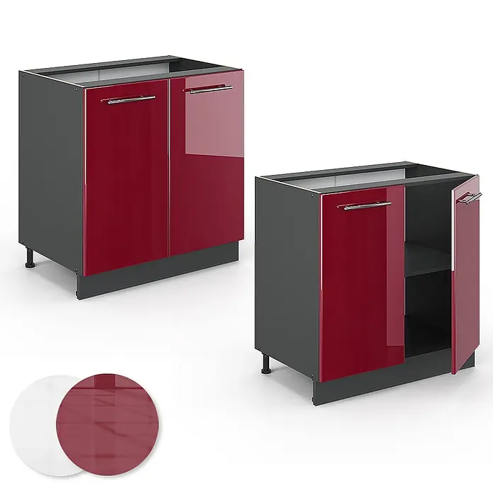 Vicco Schrankküche Fame-Line Bordeaux Hochglanz mit Regal, ohne Arbeitsplatte - Bordeaux Hochglanz, Unterschrank 80 cm - Zwei dunkelgraue Küchenunterschränke mit glänzend roten Türen, einer offen mit Innenregal.