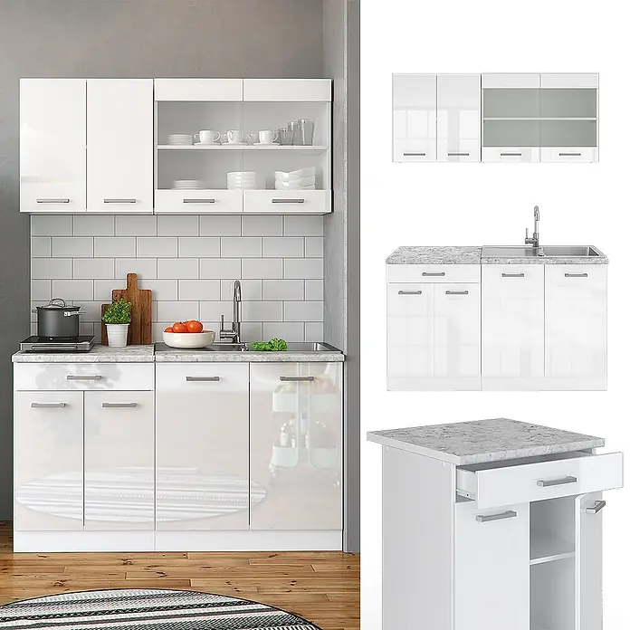 Vicco Singleküche R-Line Weiß Hochglanz/Weiß, AP Eiche - Breite: 140 cm, Weiß Hochglanz, Mit AP Eiche - Weiße Hochglanz-Küchenzeile mit Marmor-Arbeitsplatte, Spüle und silbernen Griffen, in einer modernen Küche installiert.