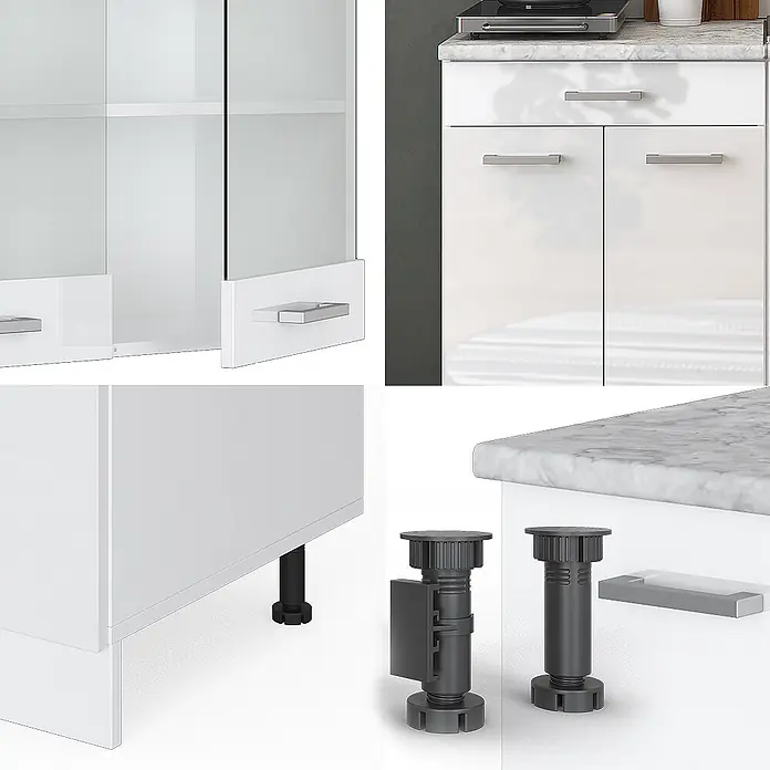 Vicco Singleküche R-Line Weiß Hochglanz/Weiß, AP Eiche - Breite: 140 cm, Weiß Hochglanz, Mit AP Eiche - Weiße Hochglanz-Küchenschränke mit Glastüren, Marmoroptik-Arbeitsplatte und schwarzen, verstellbaren Kunststofffüßen.