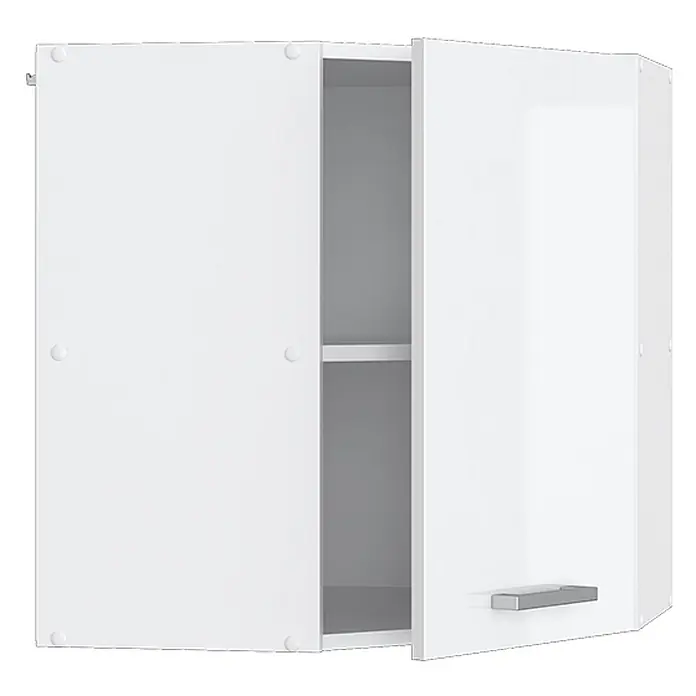 Vicco Schrankküche R-Line Weiß Hochglanz - Weiß Hochglanz, Eckhängeschrank 57 cm - Weißer Eckwandschrank mit zwei Türen, eine leicht geöffnet zeigt ein Regal und hat einen silbernen Griff.