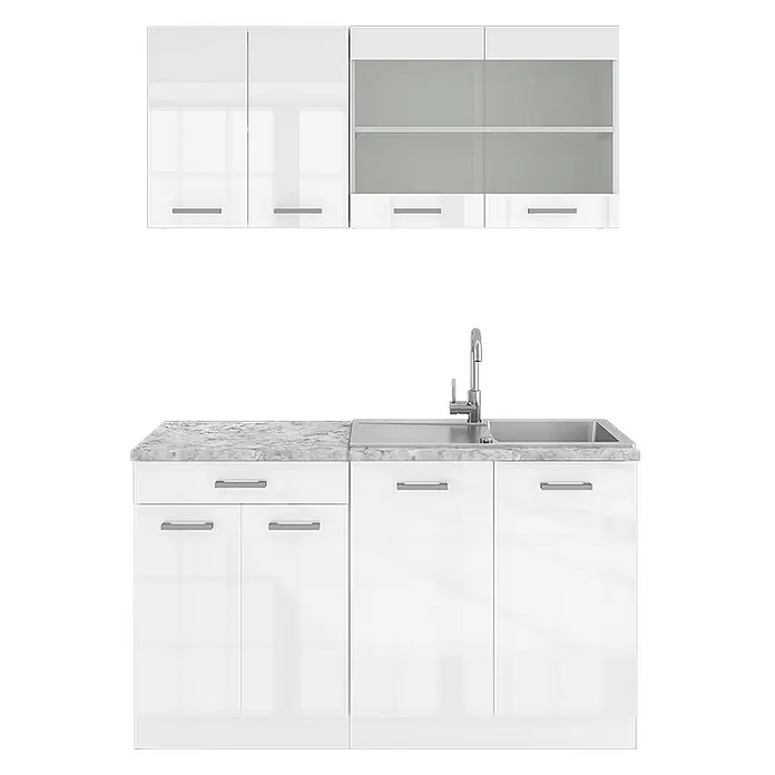 Vicco Singleküche R-Line Weiß Hochglanz/Weiß, AP Marmor - Breite: 140 cm, Weiß Hochglanz, Mit AP Marmor - Weißes Hochglanz-Küchenschrankset mit grau marmorierter Arbeitsplatte, integrierter Spüle und Oberschränken aus Milchglas.