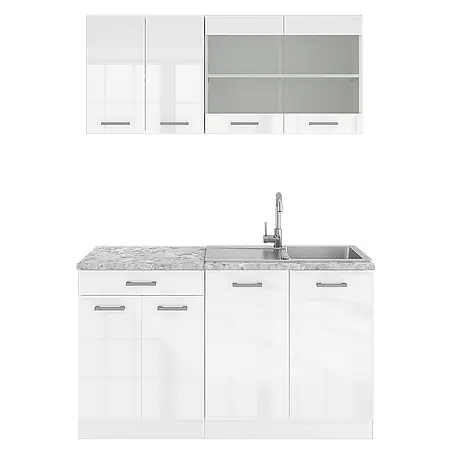 Vicco  Singleküche R-Line Weiß Hochglanz/Weiß, AP Marmor