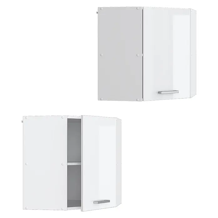 Vicco Schrankküche R-Line Weiß Hochglanz - Weiß Hochglanz, Eckhängeschrank 57 cm - Weißer glänzender Eckwandschrank, eine Tür leicht geöffnet mit Innenregal.