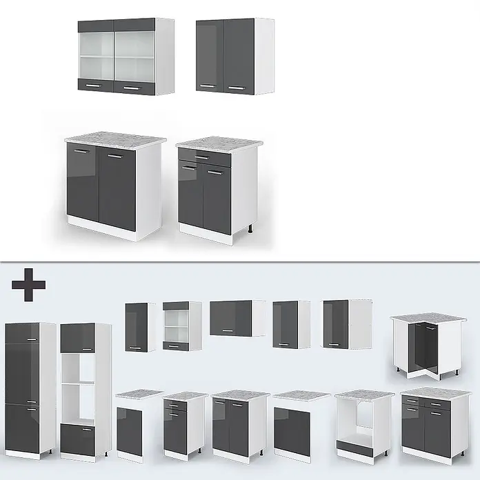 Vicco Singleküche R-Line Anthrazit Hochglanz/Weiß, AP Marmor - Breite: 140 cm, Anthrazit Hochglanz, Mit AP Marmor - Modulare Küchenschränke in Dunkelgrau und Weiß, mit Hänge-, Unterschränken und Hochschränken.