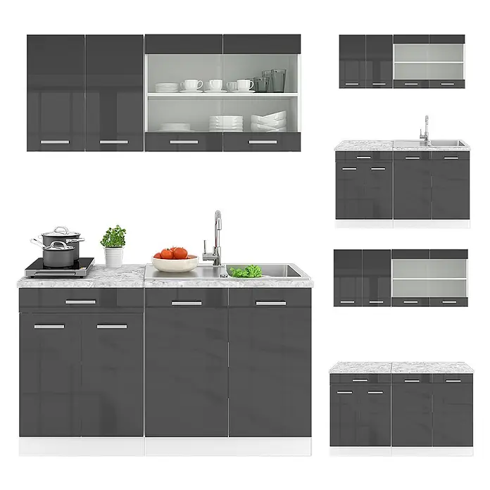 Vicco Singleküche R-Line Anthrazit Hochglanz/Weiß, AP Marmor - Breite: 140 cm, Anthrazit Hochglanz, Mit AP Marmor - Moderne dunkelgraue Hochglanz-Küchenzeile mit weißer Marmorplatte, Spüle und Hängeschränken mit Glasfront.