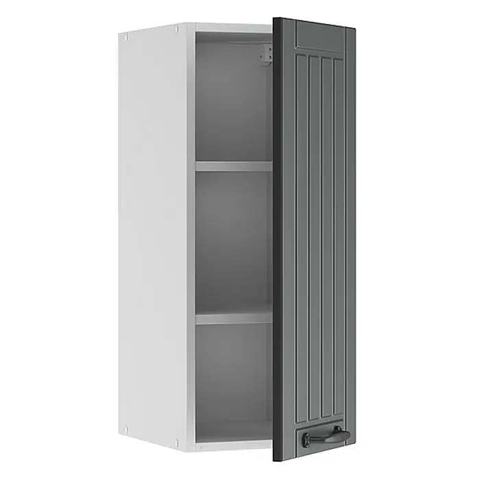 Vicco Schrankküche Fame-Line Anthrazit Landhaus - Anthrazit Landhaus, Hängeschrank 30 cm - Weißer Wandschrank mit dunkelgrauer Paneeltür und Griff, leicht geöffnet mit zwei Regalböden.