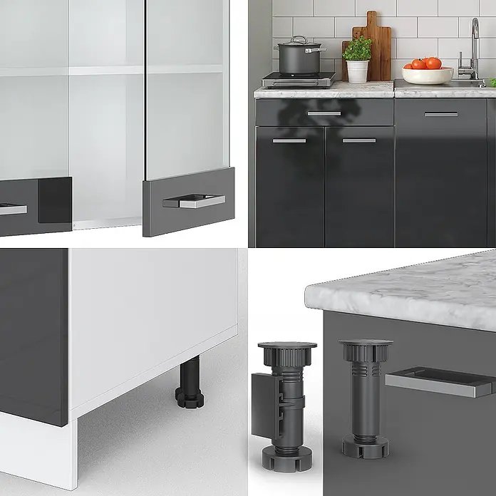 Vicco Singleküche R-Line Anthrazit Hochglanz/Weiß, AP Marmor - Breite: 140 cm, Anthrazit Hochglanz, Mit AP Marmor - Moderne Küchenschränke in Dunkelgrau mit Hochglanzoberfläche, Glasfronten, Metallgriffen und detaillierten verstellbaren Füßen und Sockelsystem.