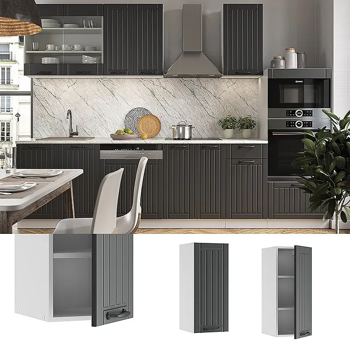 Vicco Schrankküche Fame-Line Anthrazit Landhaus - Anthrazit Landhaus, Hängeschrank 30 cm - Moderne Küche mit dunkelgrauen geriffelten Schränken als Unter- und Oberschränke, integrierten Geräten und weißer Marmorrückwand.