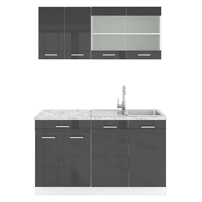 Vicco Singleküche R-Line, Anthrazit Hochglanz, 140 cm -  - Hochglänzende dunkelgraue Küchenzeile mit weißer Marmoroptik-Arbeitsplatte, integrierter Spüle und Oberschränken, teils mit Milchglas.
