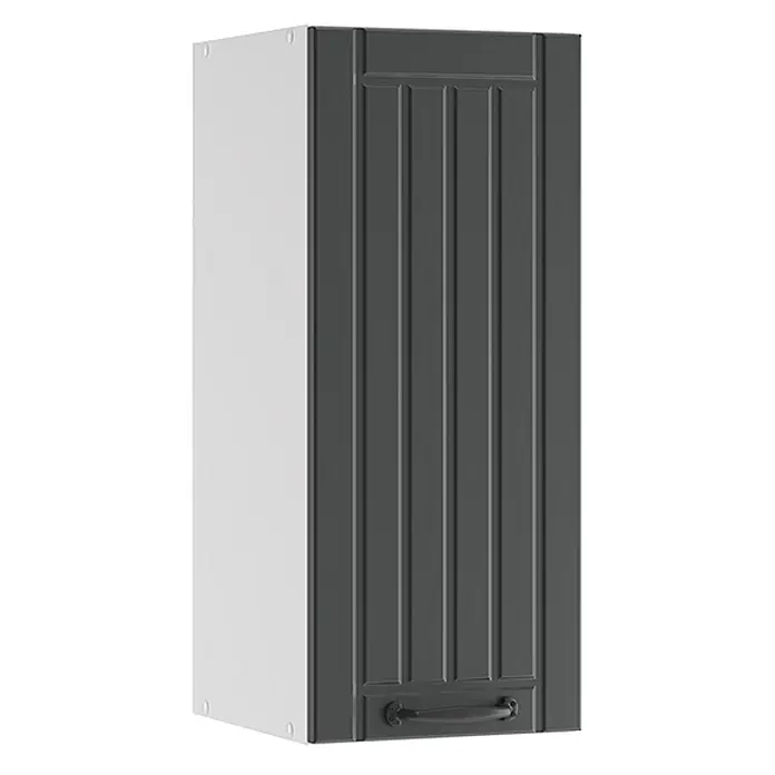 Vicco Schrankküche Fame-Line Anthrazit Landhaus - Anthrazit Landhaus, Hängeschrank 30 cm - Dunkelgrauer Wandschrank mit gerippter Tür, schwarzem Griff und weißer Seitenwand.