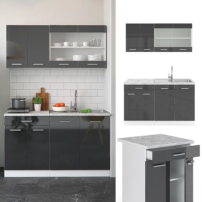 Vicco Singleküche R-Line Anthrazit Hochglanz/Weiß, AP Marmor - Breite: 140 cm, Anthrazit Hochglanz, Mit AP Marmor - Hochglänzende dunkelgraue Küchenzeile mit weißer Marmor-Arbeitsplatte, Spüle und Hängeschränken mit Glastüren.