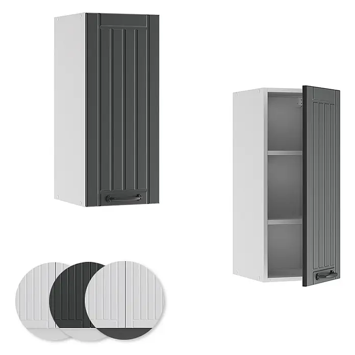 Vicco Schrankküche Fame-Line Anthrazit Landhaus - Anthrazit Landhaus, Hängeschrank 30 cm - Weißer Hängeschrank mit grauer geriffelter Tür, geschlossen und offen mit Regalen gezeigt, sowie Türfarbmuster.