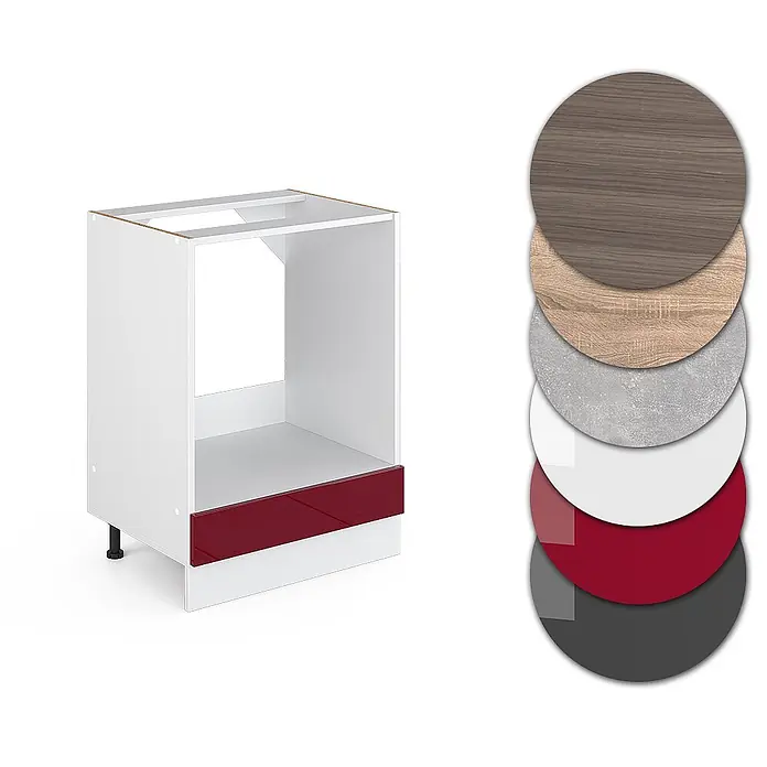 Vicco Schrankküche R-Line Rot Hochglanz ohne Arbeitsplatte - Rot Hochglanz, Herdumbauschrank 60 cm - Weißer Küchenunterschrank mit roter Schublade, gezeigt mit Materialmustern (Holz, Beton, Farben).