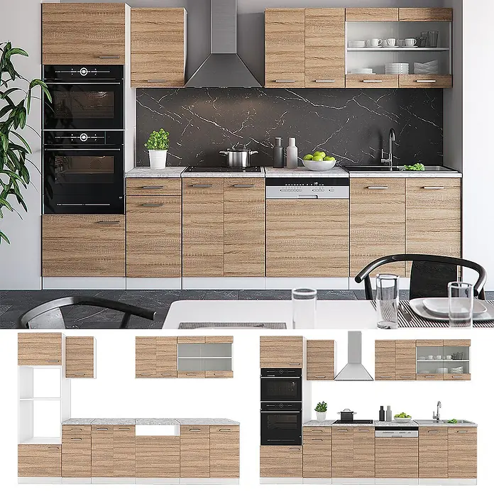 Vicco Küchenzeile R-Line, Sonoma, 300 cm -  - Moderne Küchenzeile mit hellen Eicheneffekt-Schränken, schwarzen Geräten, Spüle und schwarzer Marmor-Rückwand.