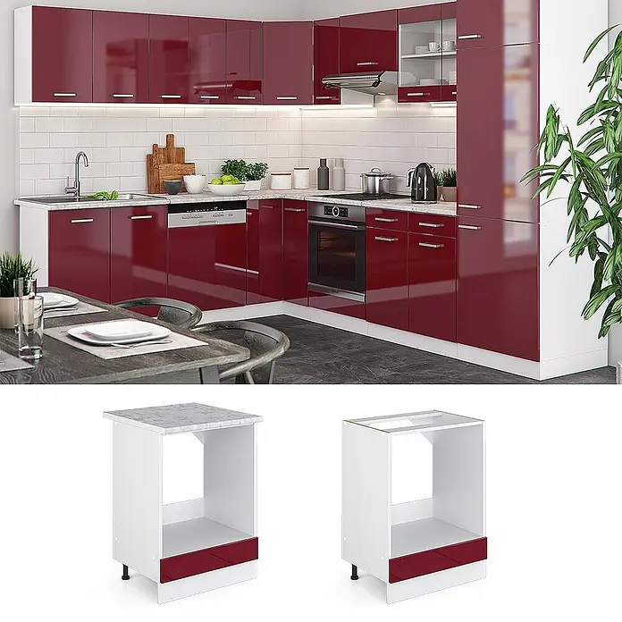Vicco Schrankküche R-Line Rot Hochglanz, AP Marmor - Rot Hochglanz, Herdumbauschrank 60 cm, AP Marmor - Moderne Küche mit hochglanzroten Schränken, weißen Arbeitsplatten und integrierten Geräten.