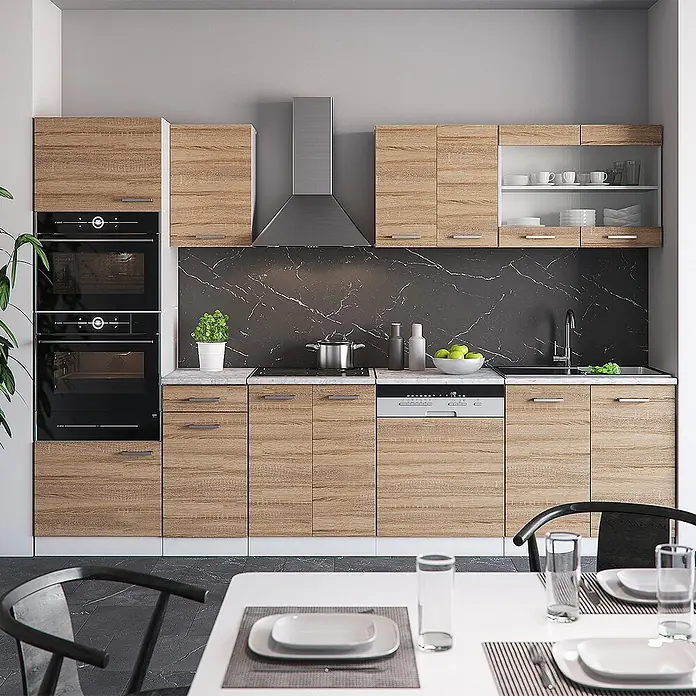Vicco Küchenzeile R-Line, Sonoma, 300 cm -  - Moderne Küche mit hellen Holzmaserungsschränken, schwarzer Marmor-Rückwand und integrierten Geräten.
