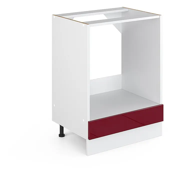 Vicco Schrankküche R-Line Rot Hochglanz ohne Arbeitsplatte - Rot Hochglanz, Herdumbauschrank 60 cm - Weißer Unterschrankkorpus mit roter Schubladenblende und offener Nische, auf verstellbaren Füßen.