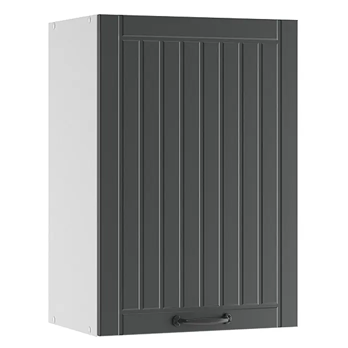 Vicco Schrankküche Fame-Line Anthrazit Landhaus - Anthrazit Landhaus, Hängeschrank 50 cm - Dunkelgrauer Wandschrank mit geriffelter Tür und schwarzem Griff, weiße Seitenwand.