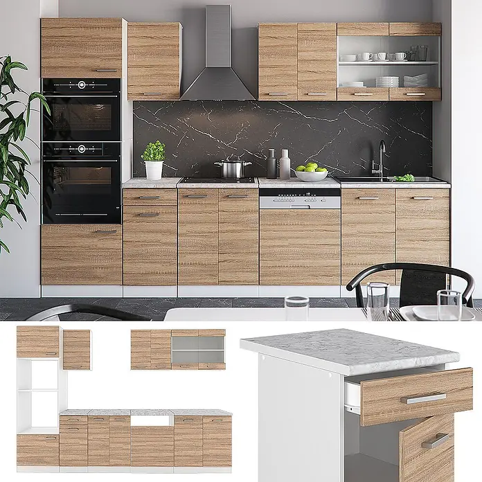 Vicco Küchenzeile R-Line, Sonoma, 300 cm -  - Modulare Küchenzeile mit hellen Holzmaserungsschränken, weißen Rahmen, Marmoroptik-Arbeitsplatten, Einbaugeräten und schwarzem Spritzschutz. Inklusive Einzelkomponenten.