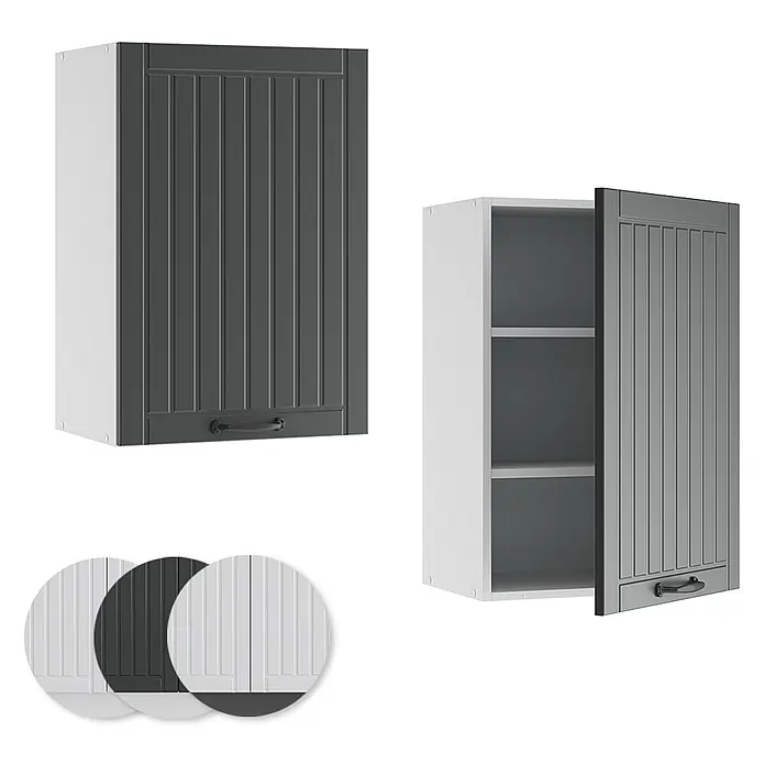 Vicco Schrankküche Fame-Line Anthrazit Landhaus - Anthrazit Landhaus, Hängeschrank 50 cm - Dunkelgrauer Wandschrank mit Lamellentür, schwarzem Griff und weißem Korpus, geschlossen und geöffnet mit Regalböden.