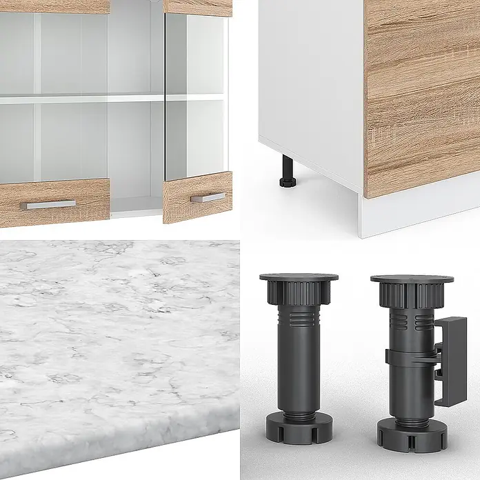 Vicco Küchenzeile R-Line, Sonoma, 300 cm -  - Modulare Küchen-/Möbelkomponenten: Schrank aus hellem Holz und Glas, Arbeitsplatte in weißer Marmoroptik und schwarze verstellbare Möbelfüße.