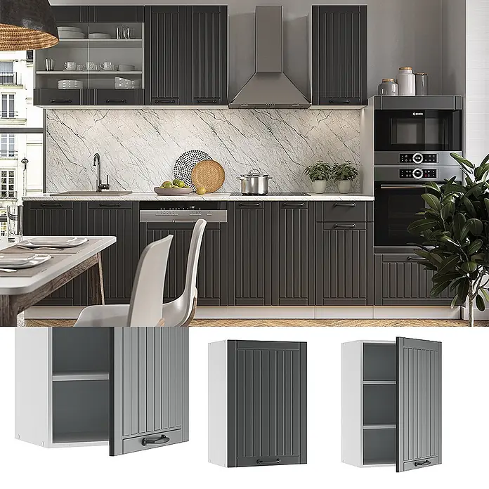 Vicco Schrankküche Fame-Line Anthrazit Landhaus - Anthrazit Landhaus, Hängeschrank 50 cm - Dunkelgraue, geriffelte Küchenschränke in stilvoller Umgebung bieten viel Stauraum.