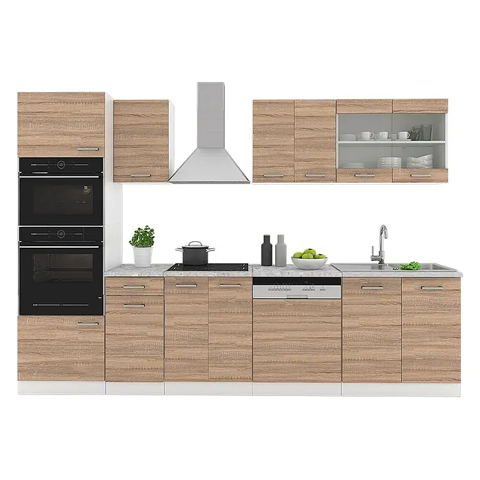 Vicco Küchenzeile R-Line, Sonoma, 300 cm -  - Helle Holzküche mit integrierten Öfen, Kochfeld, Spüle, Geschirrspüler und Dunstabzugshaube.