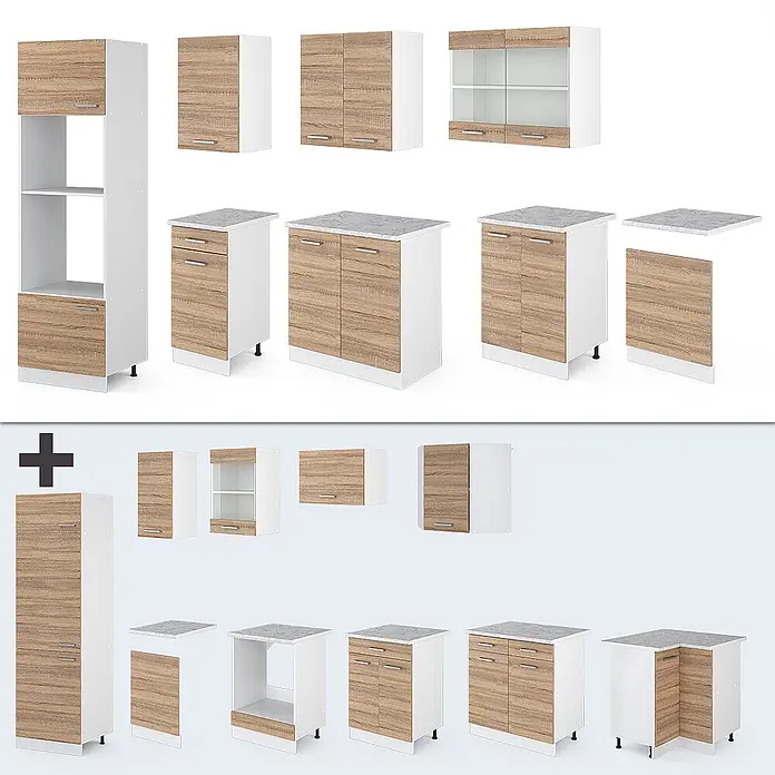 Vicco Küchenzeile R-Line, Sonoma, 300 cm -  - Modulare Küchenschränke in Weiß mit hellen Holzfronten und silbernen Griffen, mit vielfältigen Ober-, Unter- und Hochschränken.