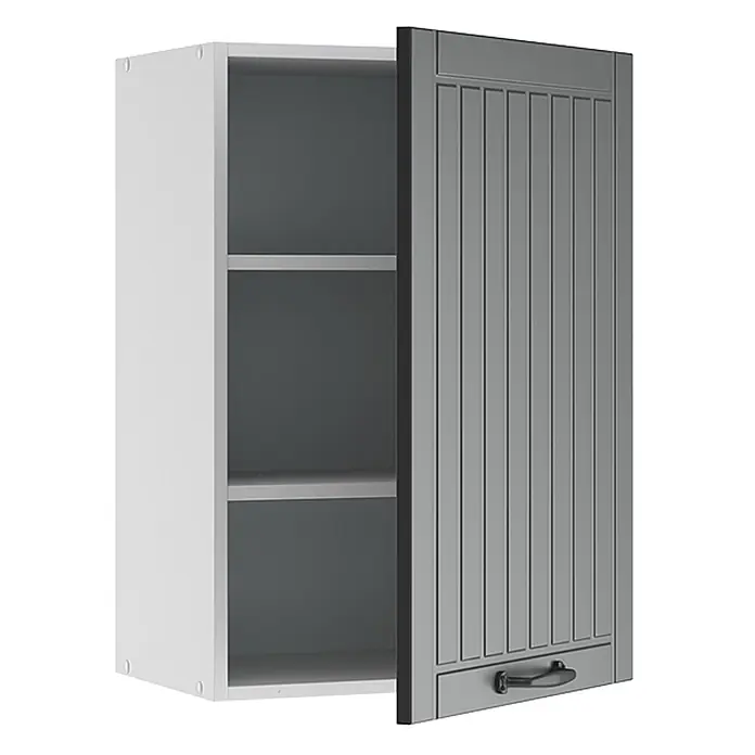 Vicco Schrankküche Fame-Line Anthrazit Landhaus - Anthrazit Landhaus, Hängeschrank 50 cm - Offener weißer Küchenhängeschrank mit grauer gerippter Tür und zwei Einlegeböden, mit schwarzem Griff.