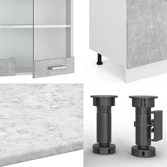 Vicco Küchenzeile R-Line Beton mit Hochschrank, AP Marmor - Breite: 300 cm, Beton, Ohne Elektrogeräte - Schrankkomponenten: weißer und grau strukturierter Schrank, Marmorarbeitsplatte und schwarze verstellbare Füße.