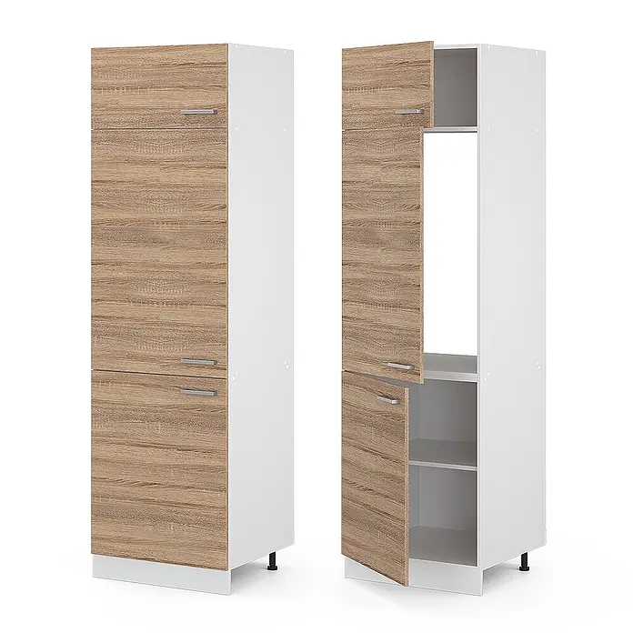 Vicco Schrankküche R-Line Sonoma - Sonoma, Kühlumbauschrank 60 cm - Weißer Vorratsschrank mit hellen Holzmaserungstüren und silbernen Griffen, geschlossen und geöffnet mit Regalen und Gerätenische.