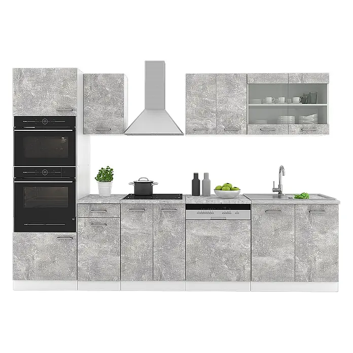 Vicco Küchenzeile R-Line Beton mit Hochschrank, AP Marmor - Breite: 300 cm, Beton, Ohne Elektrogeräte - Komplette moderne Küche in Betonoptik Grau mit integriertem Backofen, Mikrowelle, Kochfeld, Geschirrspüler und Spüle.