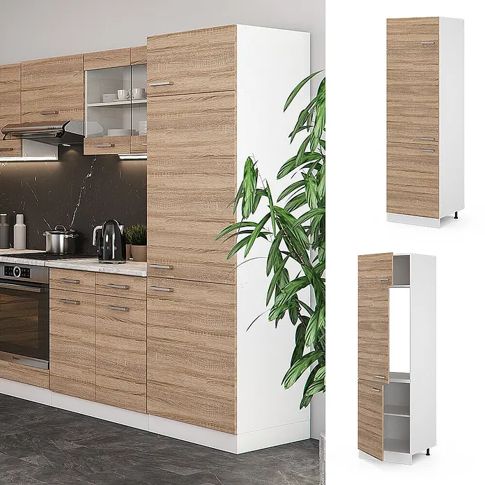 Vicco Schrankküche R-Line Sonoma - Sonoma, Kühlumbauschrank 60 cm - Küchenschränke in heller Holzmaserung und Weiß, mit Wand-, Unter- und Hochschränken für Stauraum und Geräte.