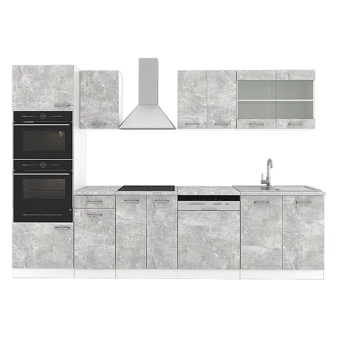 Vicco Küchenzeile R-Line Beton mit Hochschrank, AP Marmor - Breite: 300 cm, Beton, Ohne Elektrogeräte - Moderne Küchenzeile in Betonoptik Grau mit integrierten Öfen, Kochfeld, Geschirrspüler, Spüle und verschiedenen Schränken.