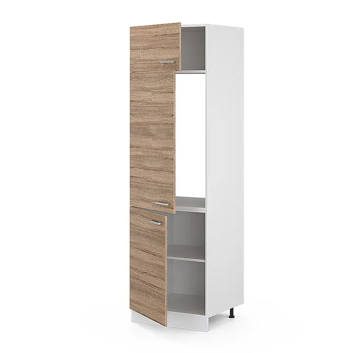 Vicco Schrankküche R-Line Sonoma - Sonoma, Kühlumbauschrank 60 cm - Hoher weißer Küchenschrank mit hellbraunen Holztüren, offenem Fach und Einlegeböden.