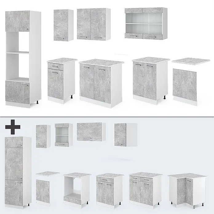 Vicco Küchenzeile R-Line Beton mit Hochschrank, AP Marmor - Breite: 300 cm, Beton, Ohne Elektrogeräte - Modulare Küchenschränke: weiße Korpusse, graue Marmor-Optik Fronten und Arbeitsplatten.