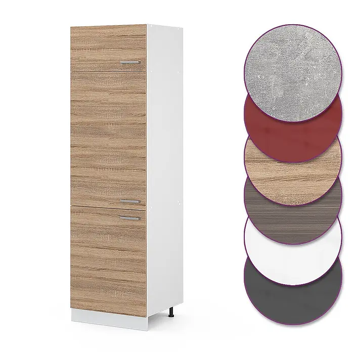 Vicco Schrankküche R-Line Sonoma - Sonoma, Kühlumbauschrank 60 cm - Hoher Schrank in Holzoptik mit weißen Seiten und silbernen Griffen. Anpassbar mit gezeigten Material- und Farbmustern.
