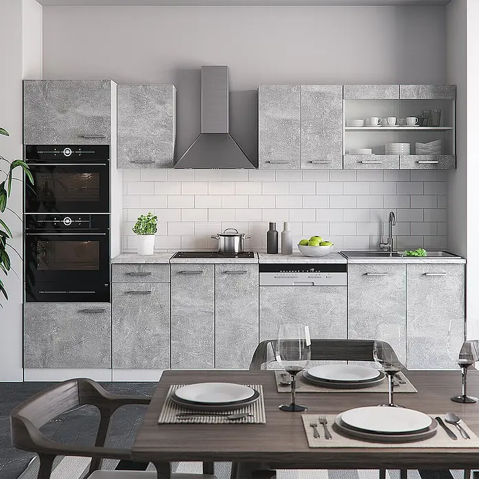 Vicco Küchenzeile R-Line Beton mit Hochschrank, AP Marmor - Breite: 300 cm, Beton, Ohne Elektrogeräte - Moderne graue Küche in Betonoptik mit integrierten Backöfen, Kochfeld, Spülmaschine, Spüle und Essbereich.