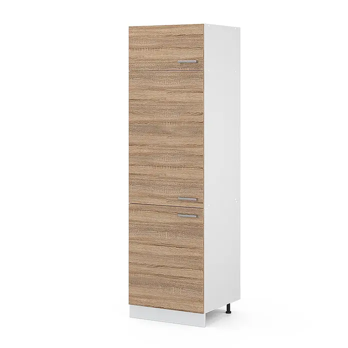 Vicco Schrankküche R-Line Sonoma - Sonoma, Kühlumbauschrank 60 cm - Hoher Hochschrank mit hellen Holzmaserungsfronten und weißen Seiten, mit Metallgriffen und kurzen Beinen.