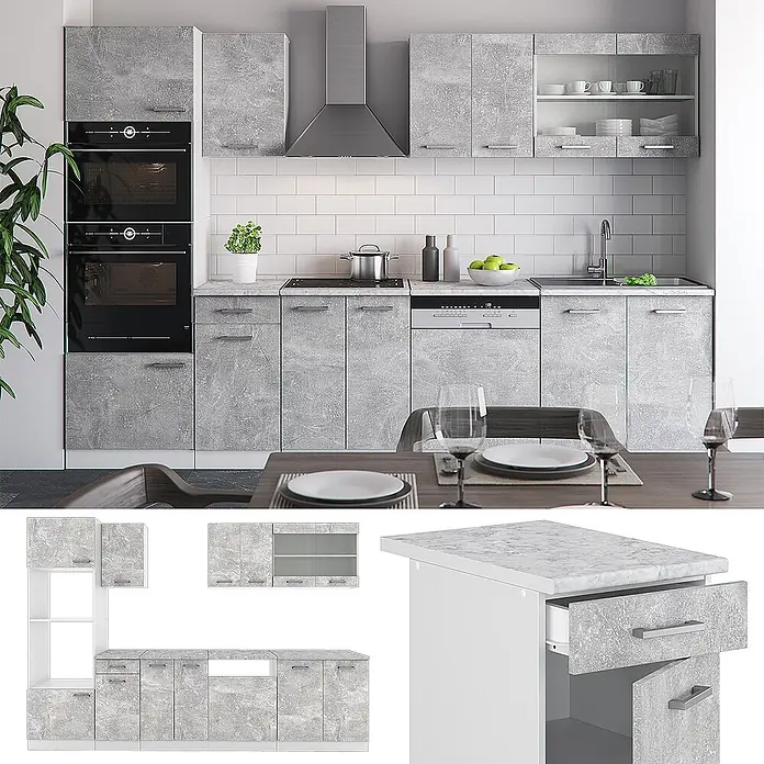 Vicco Küchenzeile R-Line Beton mit Hochschrank, AP Marmor - Breite: 300 cm, Beton, Ohne Elektrogeräte - Küchenmöbel-Set in Betonoptik Grau mit integrierten Geräten und Essbereich.