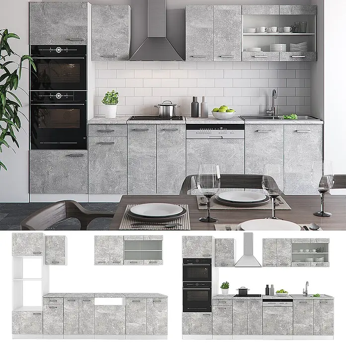 Vicco Küchenzeile R-Line Beton mit Hochschrank, AP Marmor - Breite: 300 cm, Beton, Ohne Elektrogeräte - Moderne Modulküche in Grau mit Betonoptik, inklusive Unter- und Oberschränken, integrierten Öfen, Kochfeld, Spüle und Geschirrspüler.