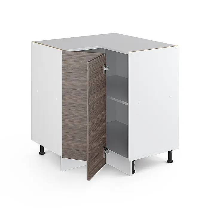 Vicco Schrankküche R-Line Edelgrau, AP Anthrazit - Edelgrau, Eckunterschrank, AP Anthrazit - Weißer Eckunterschrank mit brauner Holzmaserungstür, teilweise offen, mit Einlegeböden und verstellbaren Füßen.