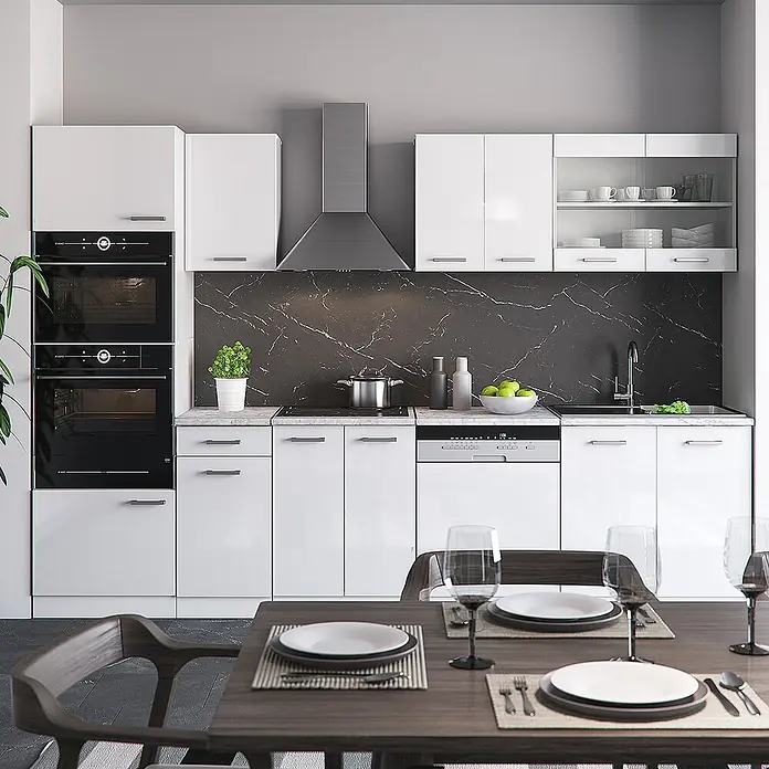 Vicco Küchenzeile R-Line Weiß Hochglanz/Weiß mit Hochschrank, AP Anthrazit - Breite: 300 cm, Weiß Hochglanz, Ohne Elektrogeräte - Moderne weiße Küche mit schwarzer Marmor-Rückwand und integrierten Geräten.
