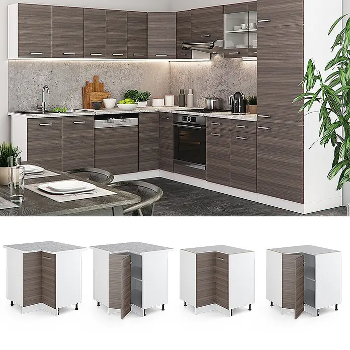 Vicco Schrankküche R-Line Edelgrau, AP Anthrazit - Edelgrau, Eckunterschrank, AP Anthrazit - Eckküchenschrank-Set mit dunkelbraunen Holzmaserungstüren und weißen Rahmen, inklusive Ober- und Unterschränken, sowie einzelnen Eckunterschränken.