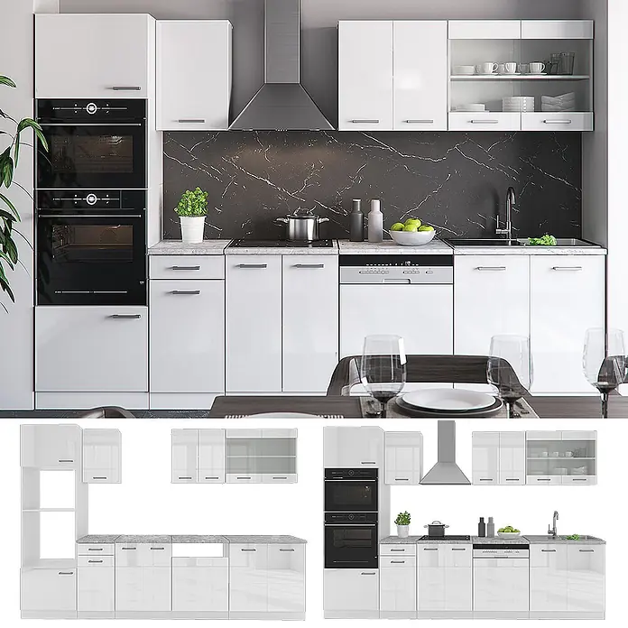 Vicco Küchenzeile R-Line Weiß Hochglanz/Weiß mit Hochschrank, AP Anthrazit - Breite: 300 cm, Weiß Hochglanz, Ohne Elektrogeräte - Weiße Hochglanz-Küchenschrank-Set mit integrierten Geräten in modernem Küchendesign.